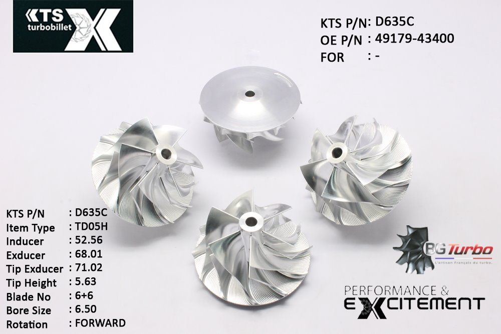 Turbo ROUE FORGÉE MFS PERFORMANCE - 6+6 PALES - INDUCER : 52,56 - EXDUCER : 68,01 - TYPE : TD05HANGLE : 45° - ROTATION : Forward - SUPER BACK : 2,9 - BORE SIZE : 6,5
